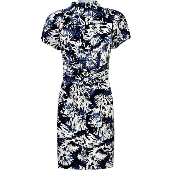 Theia Blue White Black Floral Faux Button Front Mandarin Collar Sheath Dress 2 - Picture 3 of 13